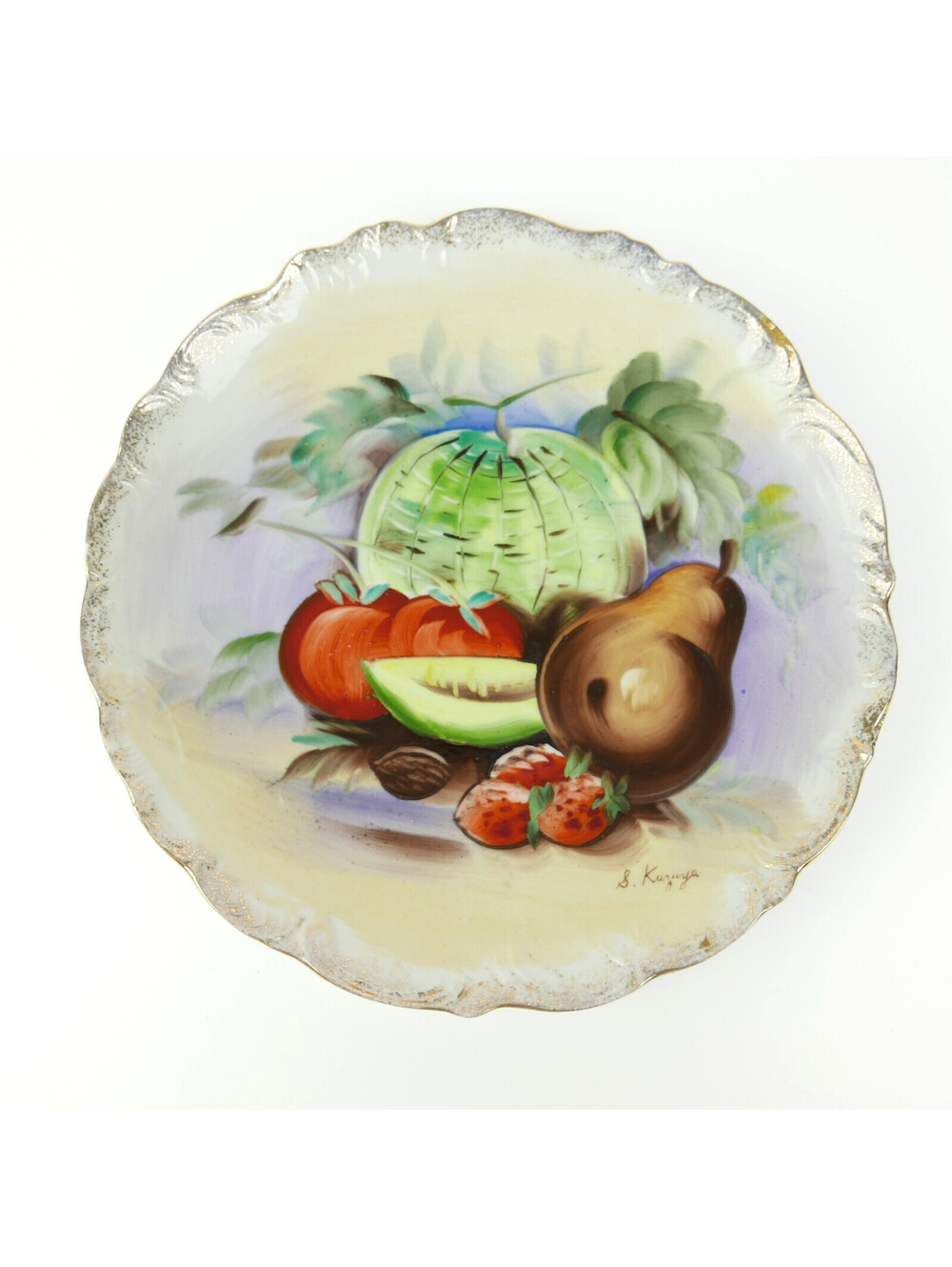 Vintage Hand Painted Porcelain Fruit Collector Plate S. Kuzuya Japan Gold Rim 8”